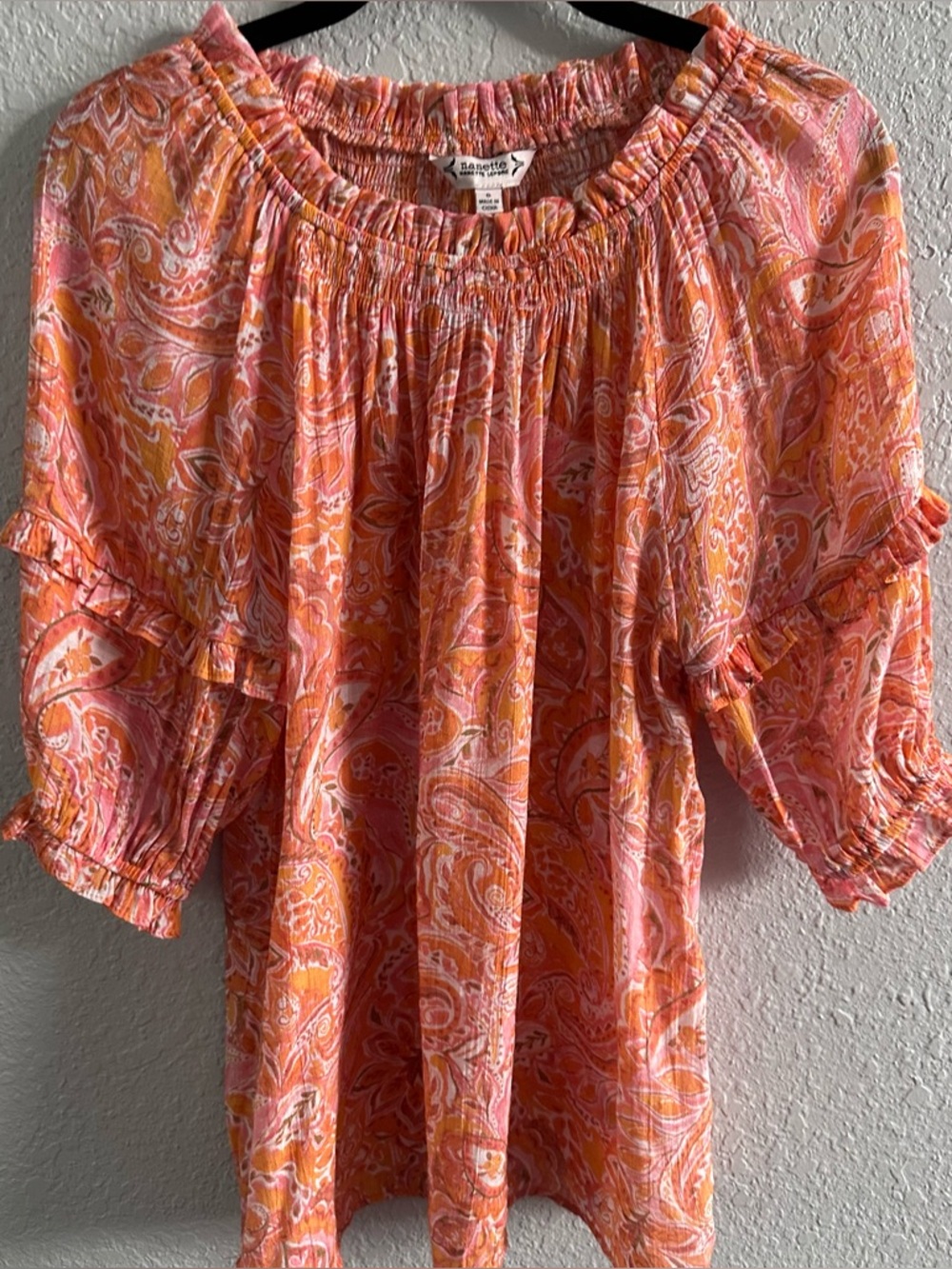 Nanette Lepore Boho Paisley Peasant Blouse Size S Orange Pink Smocked Neck